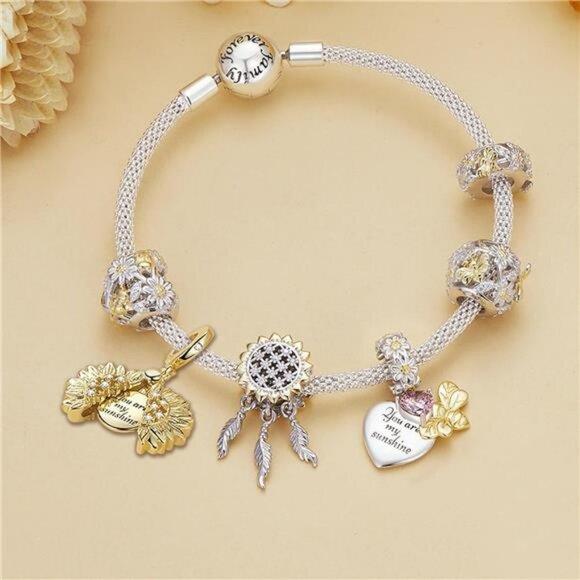 Sunflower dangle charm for bracelet gold plated zircon fit pandora jewelry gift - Picture 4 of 8